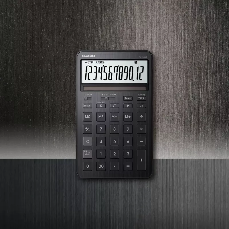 Stalinis skaičiuotuvas CASIO JW-200DQ – pagrindinis, 12 skaitmenų, mokesčių ir pelno funkcijos, baterija/saulė, juodas
