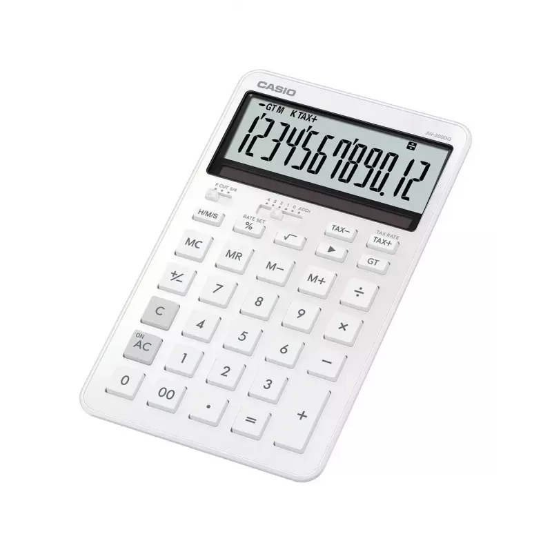 Stalinis skaičiuotuvas CASIO JW-200DQ 12 skaitmenų, baterija/saulė, mokesčių ir pelno funkcijos, baltas