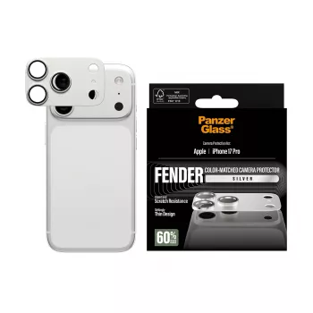 Apsauginis fotoaparato dangtelis PanzerGlass Fender, skirtas iPhone 17 Pro – sidabrinis, silikoninis, atsparus įbrėžimams ir smūgiams