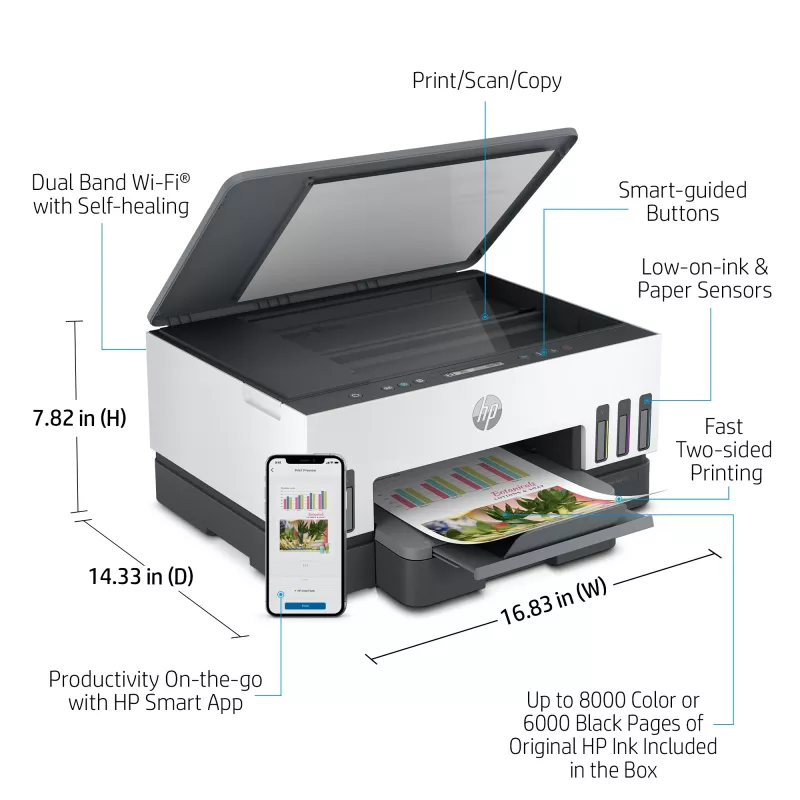 HP Smart Tank spausdintuvas, terminis rašalinis, spalvotas, 4800 x 1200 DPI, A4, tiesioginis spausdinimas, pilka