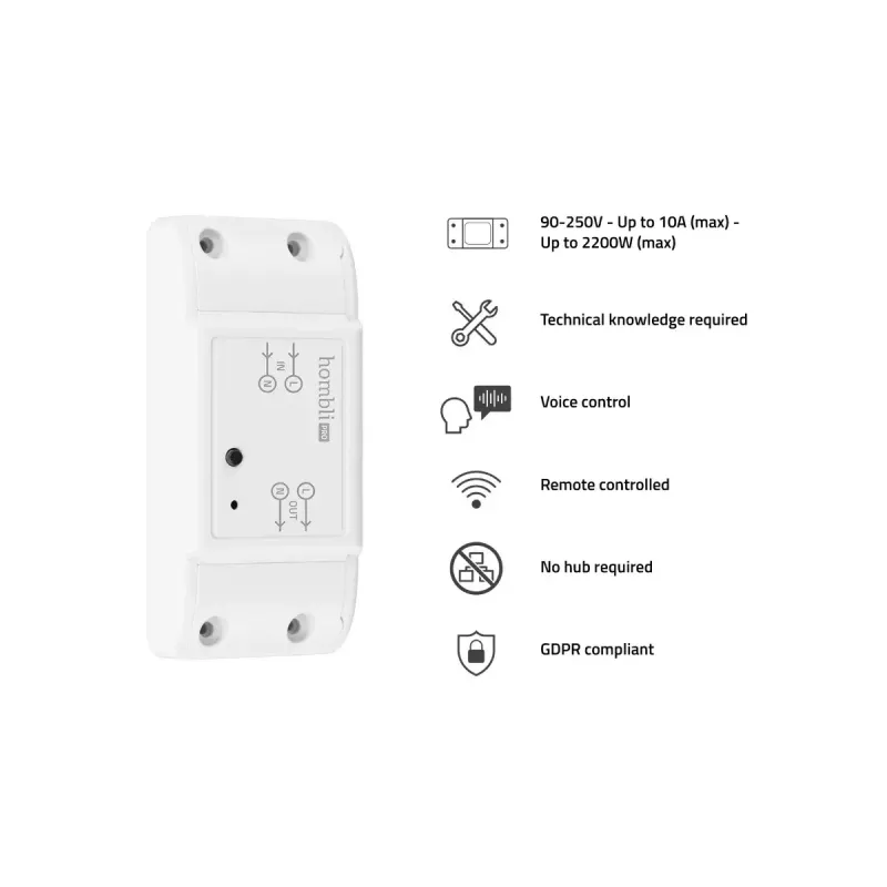 Hombli Smart Switch 2P belaidis jungiklis 230V (90–250V, 50–60Hz), 39×88×24 mm