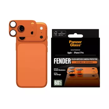 PanzerGlass Fender kameros apsauga iPhone 17 Pro — silikoninė, Cosmic Orange, atspari įbrėžimams ir smūgiams