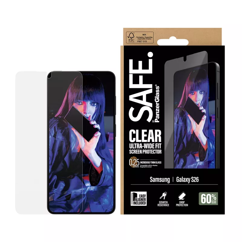 Apsauginis stiklas PanzerGlass SAFE by Samsung New Galaxy S 2026 – itin platus, PET+Silikonas, permatomas