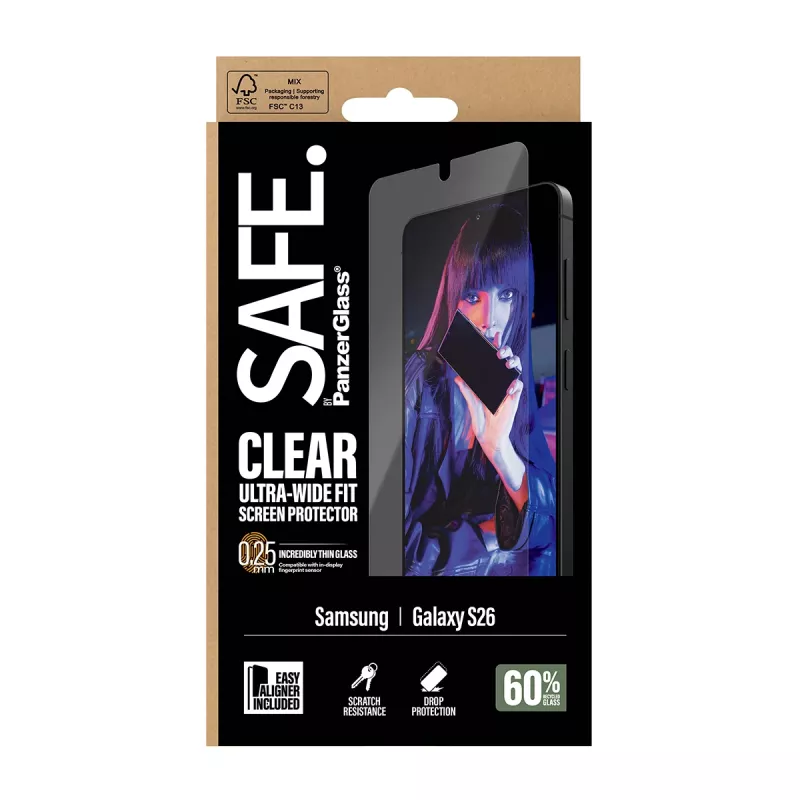 Apsauginis stiklas PanzerGlass SAFE by Samsung New Galaxy S 2026 – itin platus, PET+Silikonas, permatomas