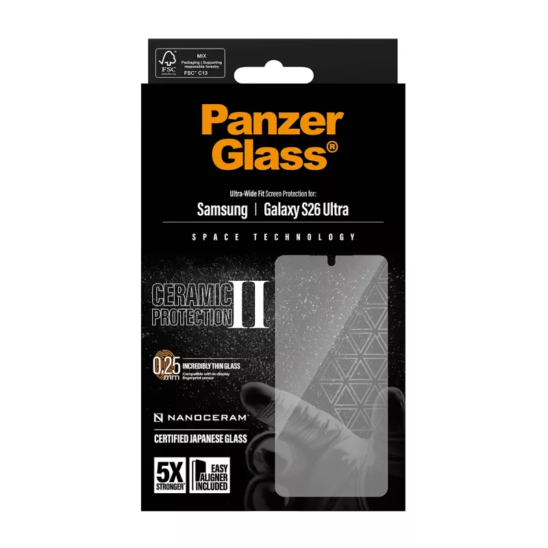 Apsauginis stiklas PanzerGlass Ceramic Samsung Galaxy S26 Ultra – grūdintas stiklas-keramika, Ultra-Wide Fit, EasyAligner, permatomas