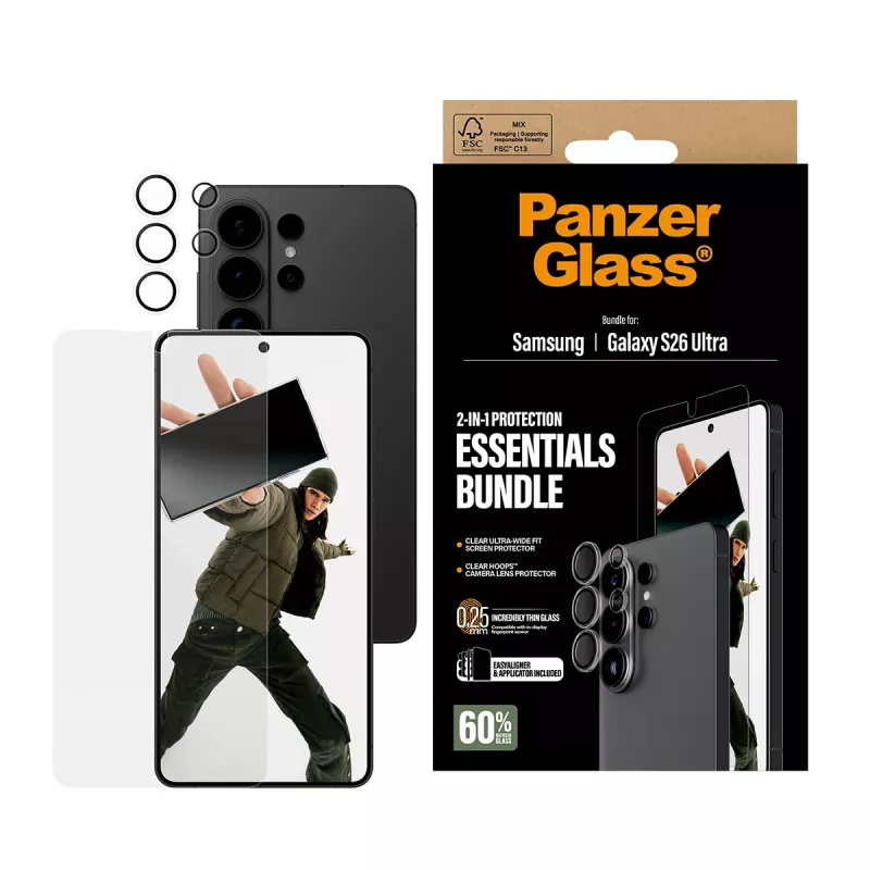 Apsauginių plėvelių rinkinys PanzerGlass Hoops 2-in-1, skirtas Samsung Galaxy S26 Ultra – grūdintas stiklas + PET, permatomas, itin platus dengimas