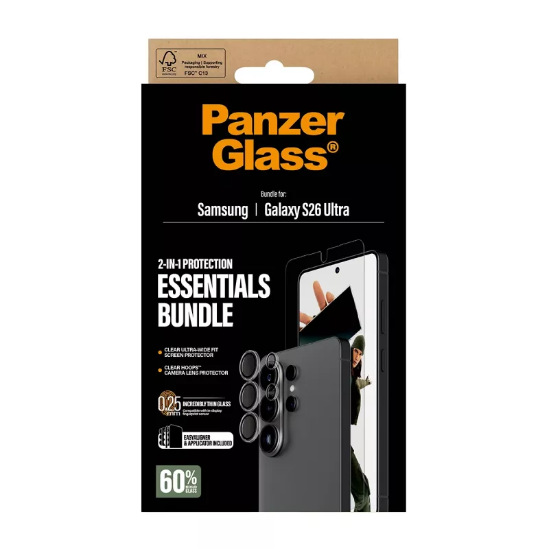 Apsauginių plėvelių rinkinys PanzerGlass Hoops 2-in-1, skirtas Samsung Galaxy S26 Ultra – grūdintas stiklas + PET, permatomas, itin platus dengimas