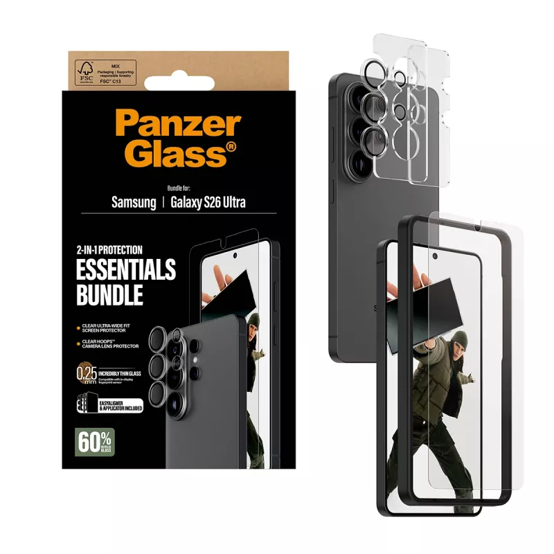 Apsauginių plėvelių rinkinys PanzerGlass Hoops 2-in-1, skirtas Samsung Galaxy S26 Ultra – grūdintas stiklas + PET, permatomas, itin platus dengimas