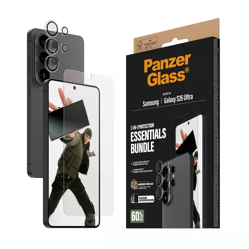 Apsauginių plėvelių rinkinys PanzerGlass Hoops 2-in-1, skirtas Samsung Galaxy S26 Ultra – grūdintas stiklas + PET, permatomas, itin platus dengimas