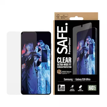 Apsauginis stiklas PanzerGlass SAFE Samsung New Galaxy S 2026 Ultra – Ultra-Wide Fit, PET + silikonas, EasyAligner, permatomas