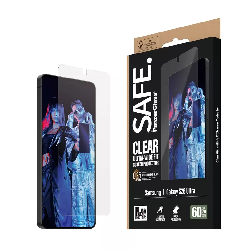 Apsauginis stiklas PanzerGlass SAFE Samsung New Galaxy S 2026 Ultra – Ultra-Wide Fit, PET + silikonas, EasyAligner, permatomas