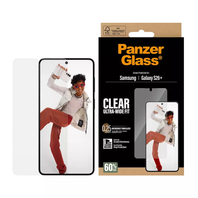 Apsauginis stiklas PanzerGlass Samsung Galaxy S26+ — Ultra-Wide Fit su EasyAligner