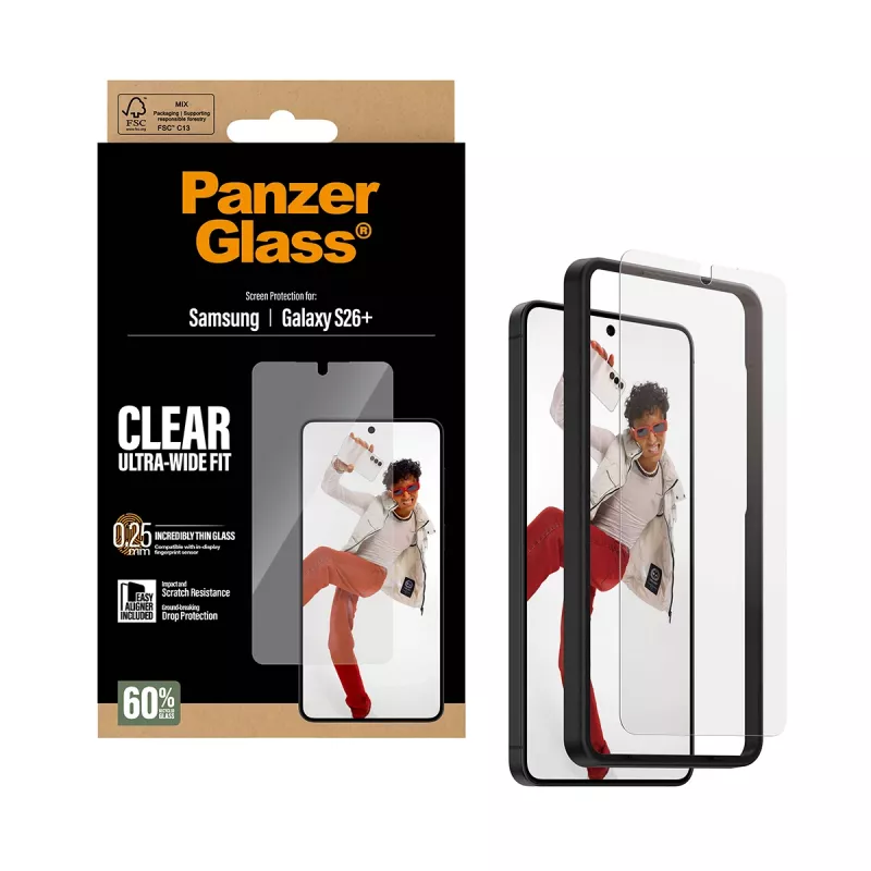 Apsauginis stiklas PanzerGlass Samsung Galaxy S26+ — Ultra-Wide Fit su EasyAligner