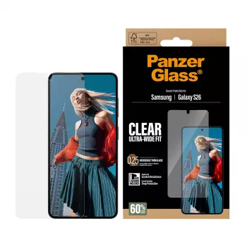 Skaidri ekrano apsauga PanzerGlass, skirta Samsung Galaxy S26 – itin platus prigludimas, PET + silikonas, sausas klijavimas