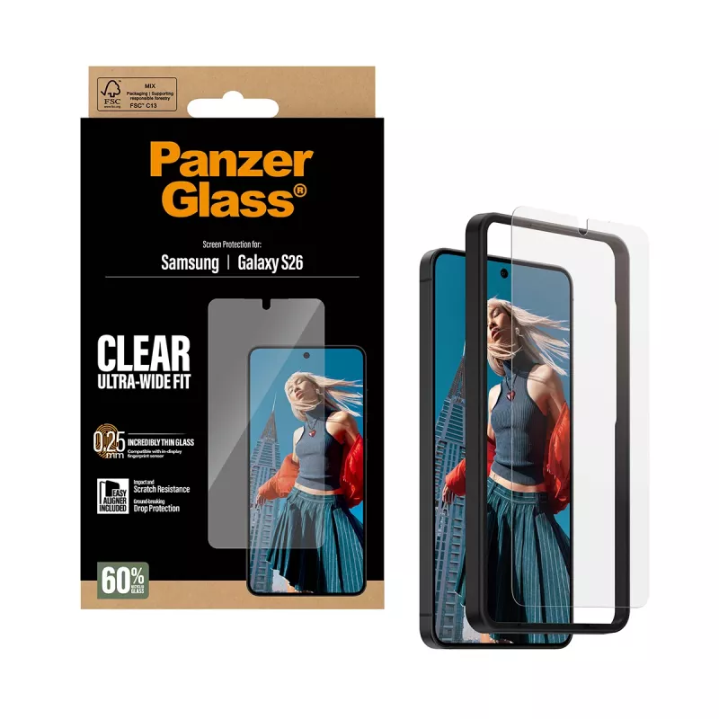Skaidri ekrano apsauga PanzerGlass, skirta Samsung Galaxy S26 – itin platus prigludimas, PET + silikonas, sausas klijavimas