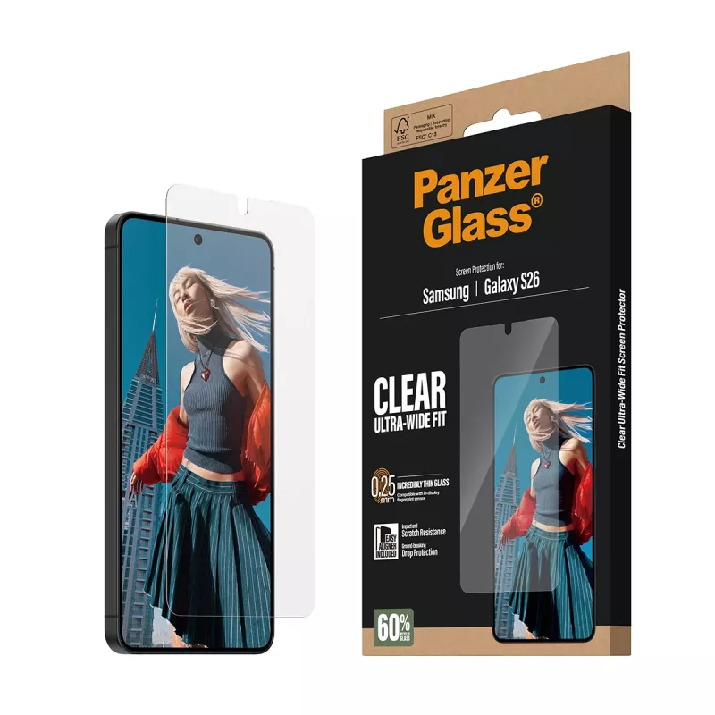 Skaidri ekrano apsauga PanzerGlass, skirta Samsung Galaxy S26 – itin platus prigludimas, PET + silikonas, sausas klijavimas