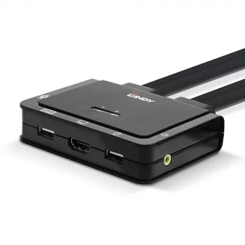 Lindy 2 prievadų HDMI 18G, USB Type C, USB 2.0 ir garso KVM jungiklis su integruotais kabeliais