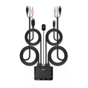 Lindy 2 prievadų HDMI 18G, USB Type C, USB 2.0 ir garso KVM jungiklis su integruotais kabeliais