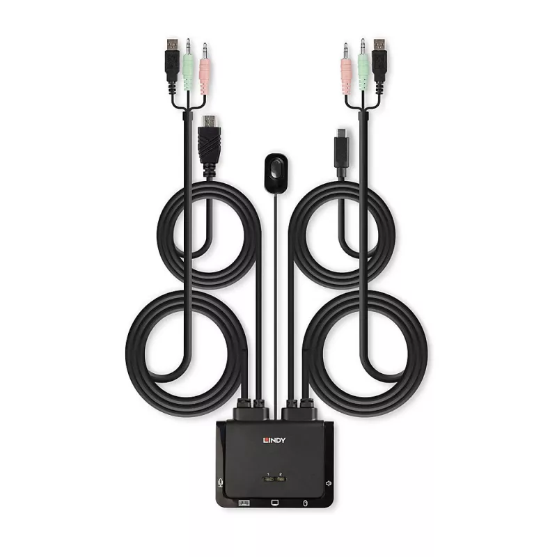 Lindy 2 prievadų HDMI 18G, USB Type C, USB 2.0 ir garso KVM jungiklis su integruotais kabeliais