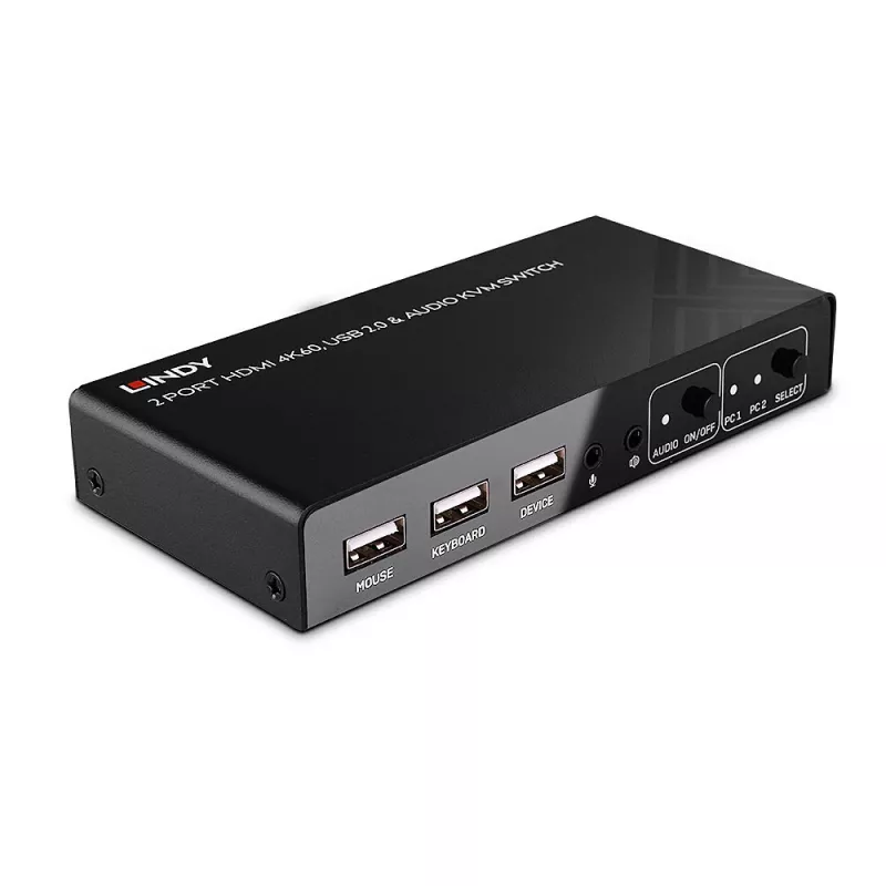 Lindy 2 prievadų HDMI 4K60, USB 2.0 ir garso KVM jungiklis