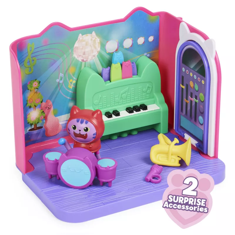 Gabby's Dollhouse Groovy Music Room su DJ Catnip figūrėle, 2 aksesuarais, 2 baldais ir 2 siuntiniais, žaislai vaikams nuo 3 metų