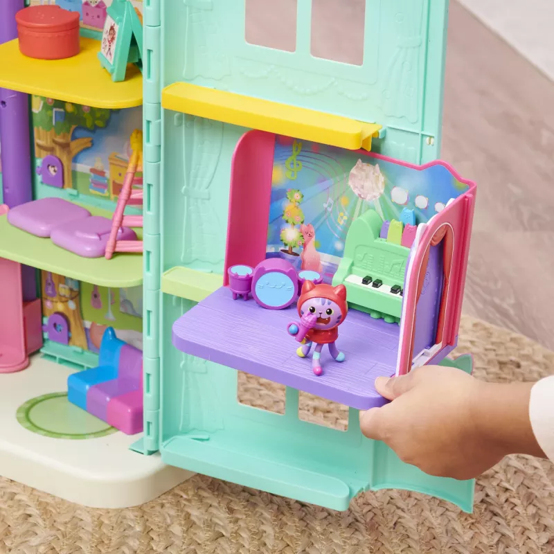 Gabby's Dollhouse Groovy Music Room su DJ Catnip figūrėle, 2 aksesuarais, 2 baldais ir 2 siuntiniais, žaislai vaikams nuo 3 metų
