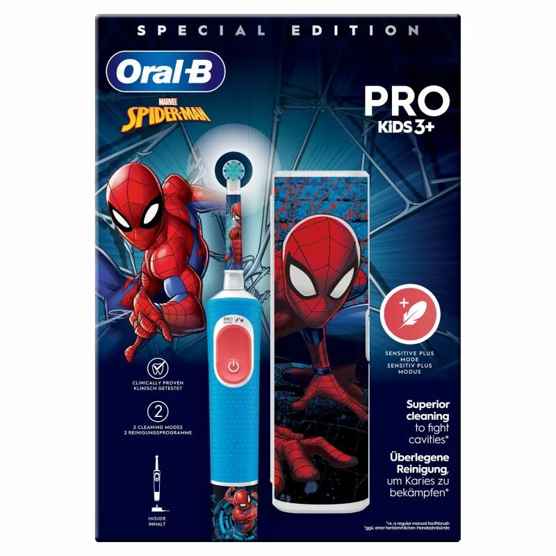 Oral-B Vitality Pro Kids Spiderman vaikiškas besisukantis dantų šepetėlis, mėlyna/raudona