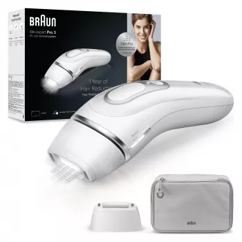 IPL plaukų šalinimo prietaisas BRAUN Silk‑expert Pro 3 PL3020 – sidabrinis/baltas, maitinamas iš tinklo, su veido ir kūno antgaliais