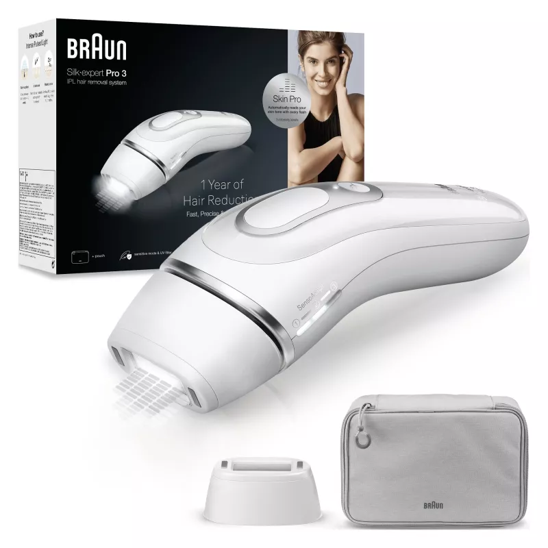 IPL plaukų šalinimo prietaisas BRAUN Silk‑expert Pro 3 PL3020 – sidabrinis/baltas, maitinamas iš tinklo, su veido ir kūno antgaliais