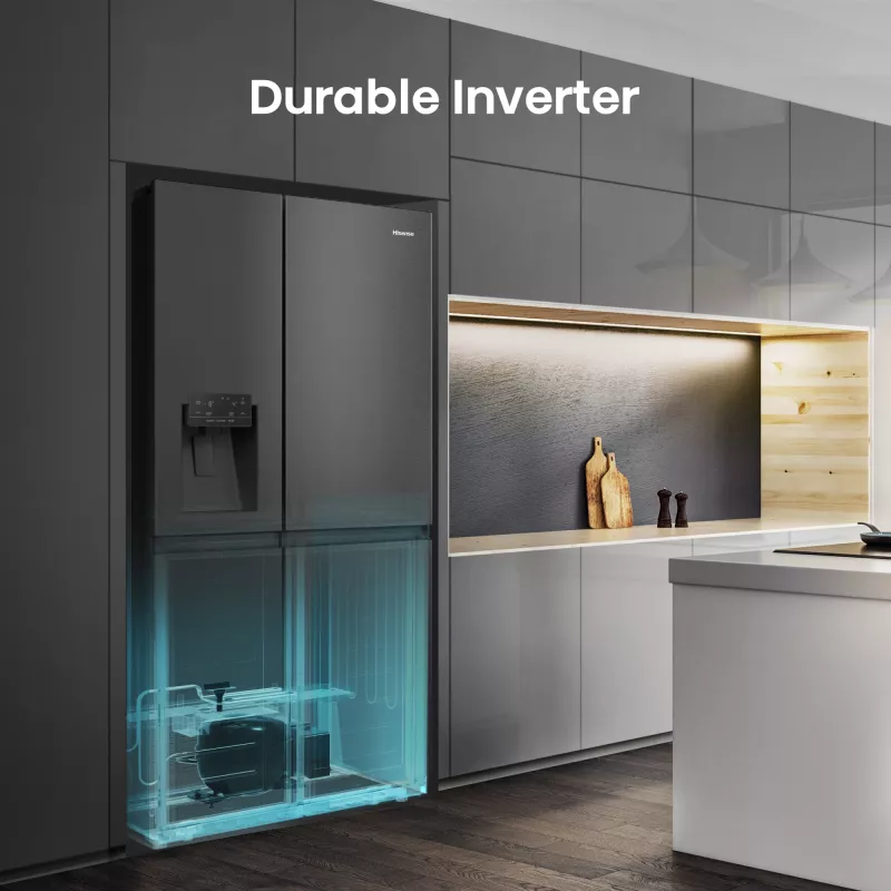 Hisense Šaldytuvas Side by Side RS818N4TFE, Laisvai Pastatomas, Amerikietiškos Durys, Juodas, Liečiamas, LED, Ekranas Ant Durų