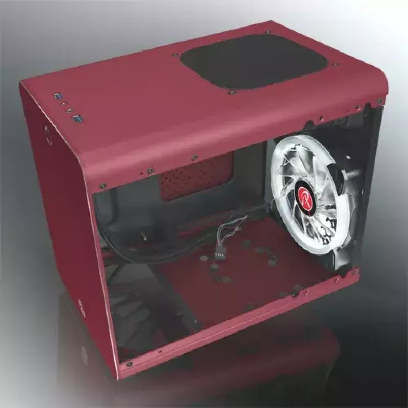RAIJINTEK METIS PLUS Mini bokštinis kompiuterio korpusas raudonas — Mini-ITX, 1x 3,5 colio vieta, 4x 2,5 colio vietos, 120 mm ventiliatoriai