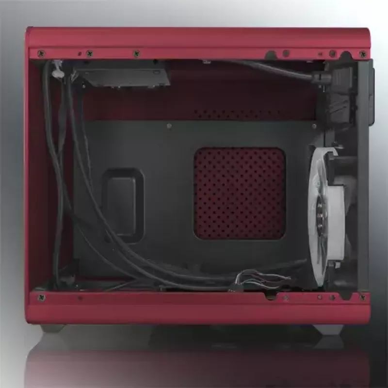 RAIJINTEK METIS PLUS Mini bokštinis kompiuterio korpusas raudonas — Mini-ITX, 1x 3,5 colio vieta, 4x 2,5 colio vietos, 120 mm ventiliatoriai