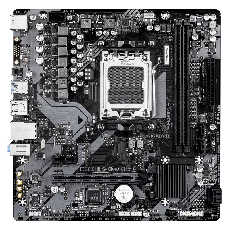 GIGABYTE B840M H pagrindinė plokštė - AMD Ryzen 9000 procesoriams, 5+2+2 fazių VRM, iki 7200MHz DDR5 (OC), 1xPCIe 4.0 M.2, 1GbE LAN, USB 3.2 Gen 1