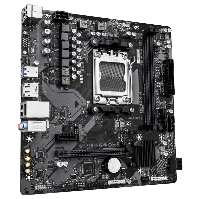 GIGABYTE B840M H pagrindinė plokštė - AMD Ryzen 9000 procesoriams, 5+2+2 fazių VRM, iki 7200MHz DDR5 (OC), 1xPCIe 4.0 M.2, 1GbE LAN, USB 3.2 Gen 1