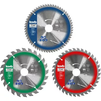 Pjūklelių diskų rinkinys Einhell-KWB 584795, Ø165 mm, anga 20 mm, 3 vnt., skirtas medžio drožlių plokštėms, kietmedžiui, fanerai, plastikui, spygliuočiams