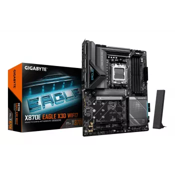 GIGABYTE X870E EAGLE X3D WIFI7 pagrindinė plokštė – palaiko AMD Ryzen 9000 CPU, 14+2+2 fazių VRM, DDR5 iki 9000 Hz (OC), 1xPCIe 5.0 + 3xPCIe 4.0, Wi-Fi 7, 5GbE LAN, USB 4