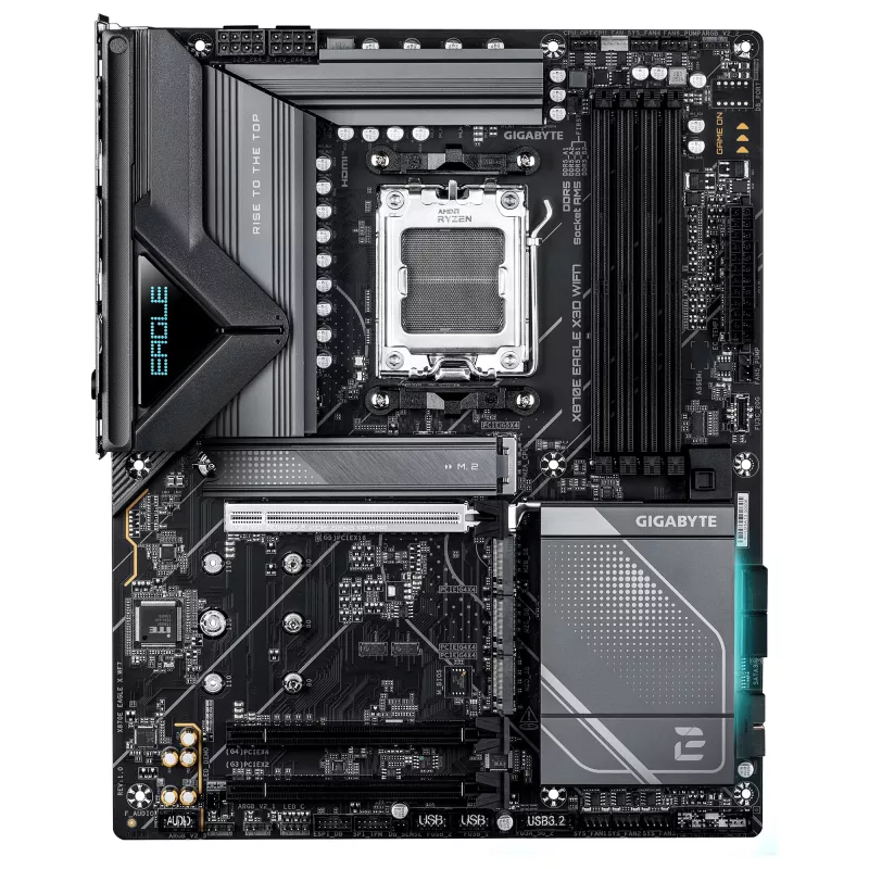 GIGABYTE X870E EAGLE X3D WIFI7 pagrindinė plokštė – palaiko AMD Ryzen 9000 CPU, 14+2+2 fazių VRM, DDR5 iki 9000 Hz (OC), 1xPCIe 5.0 + 3xPCIe 4.0, Wi-Fi 7, 5GbE LAN, USB 4