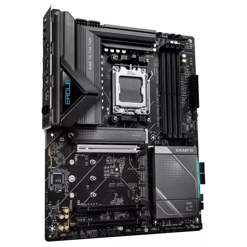 GIGABYTE X870E EAGLE X3D WIFI7 pagrindinė plokštė – palaiko AMD Ryzen 9000 CPU, 14+2+2 fazių VRM, DDR5 iki 9000 Hz (OC), 1xPCIe 5.0 + 3xPCIe 4.0, Wi-Fi 7, 5GbE LAN, USB 4