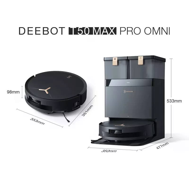 Robotinis dulkių siurblys Ecovacs Deebot T50 MAX PRO OMNI Gen2 — 3000Pa siurbimo galia, 180 min veikimo laikas, juodas