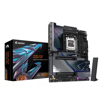 GIGABYTE X870E AORUS MASTER X3D pagrindinė plokštė – palaiko AMD Ryzen 9000, 18+2+2 fazių VRM, DDR5 iki 9000 Hz (OC), 2xPCIe 5.0 + 3xPCIe 4.0, Wi-Fi 7, 10GbE LAN, USB 4