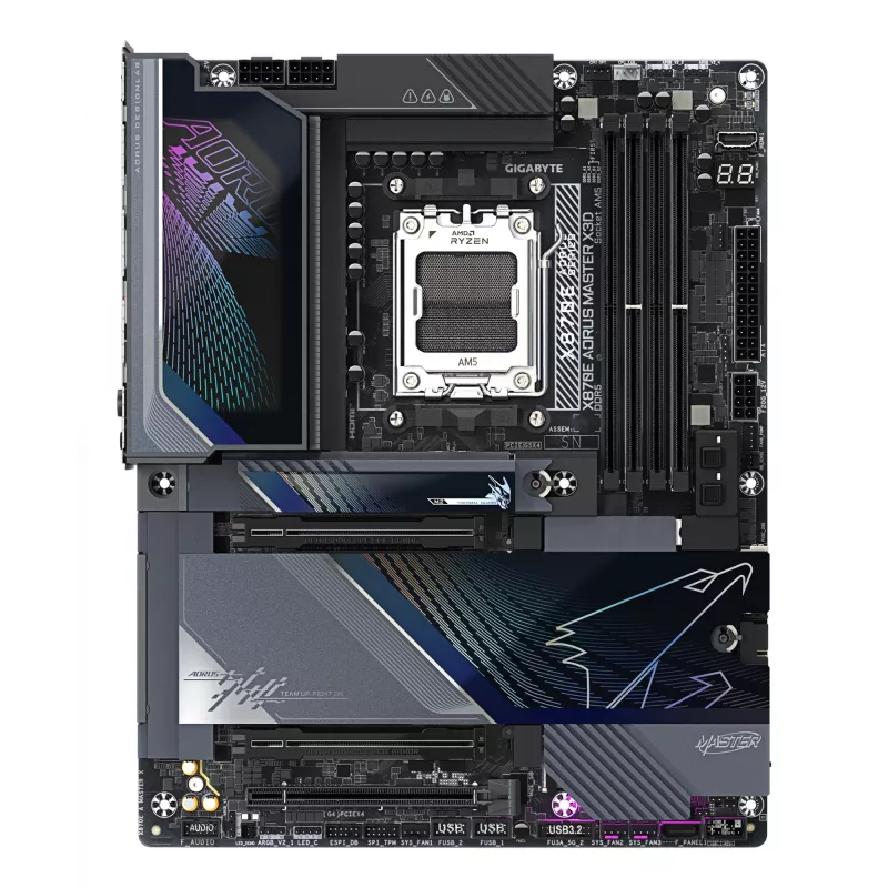 GIGABYTE X870E AORUS MASTER X3D pagrindinė plokštė – palaiko AMD Ryzen 9000, 18+2+2 fazių VRM, DDR5 iki 9000 Hz (OC), 2xPCIe 5.0 + 3xPCIe 4.0, Wi-Fi 7, 10GbE LAN, USB 4