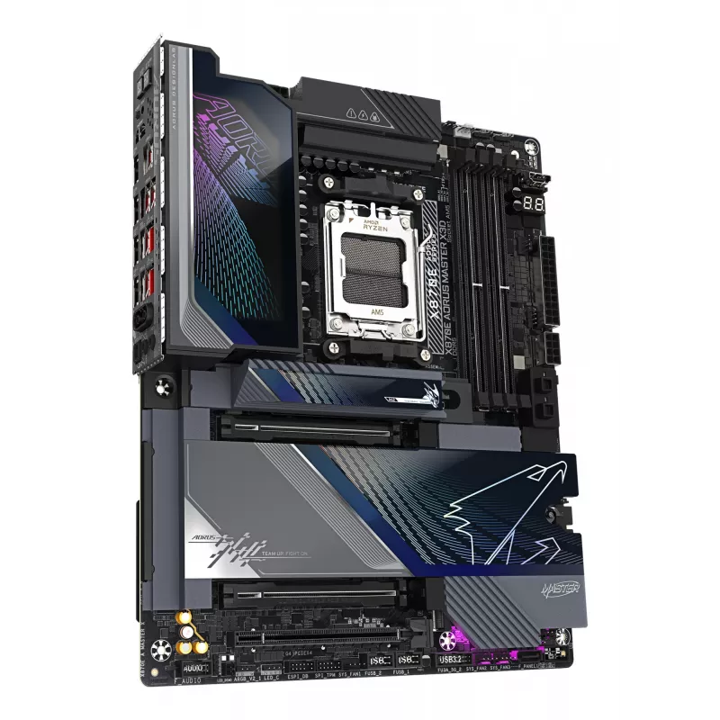 GIGABYTE X870E AORUS MASTER X3D pagrindinė plokštė – palaiko AMD Ryzen 9000, 18+2+2 fazių VRM, DDR5 iki 9000 Hz (OC), 2xPCIe 5.0 + 3xPCIe 4.0, Wi-Fi 7, 10GbE LAN, USB 4