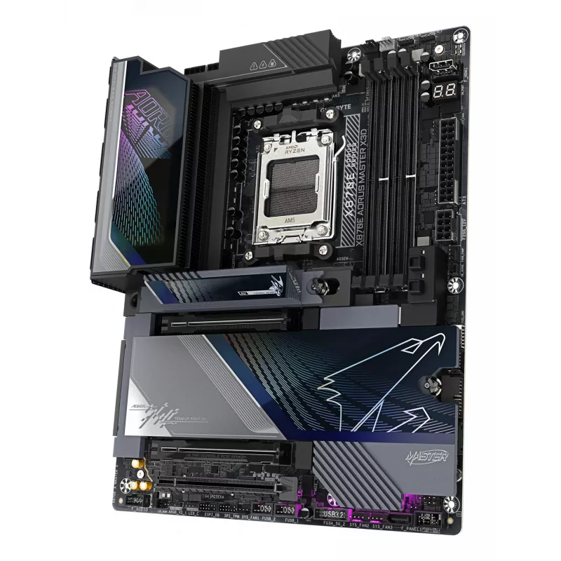 GIGABYTE X870E AORUS MASTER X3D pagrindinė plokštė – palaiko AMD Ryzen 9000, 18+2+2 fazių VRM, DDR5 iki 9000 Hz (OC), 2xPCIe 5.0 + 3xPCIe 4.0, Wi-Fi 7, 10GbE LAN, USB 4