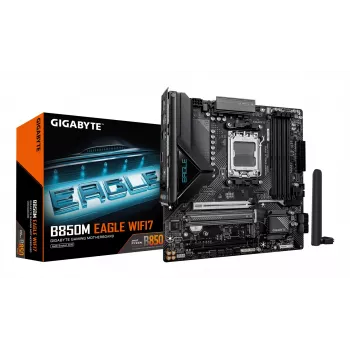 Motininė plokštė GIGABYTE B850M EAGLE WIFI7 — Micro ATX, lizdas AM5, AMD B850, DDR5 iki 8200 MHz (O.C.), 4 DIMM, PCIe 5.0, „Wi‑Fi 7“, 2,5 GbE