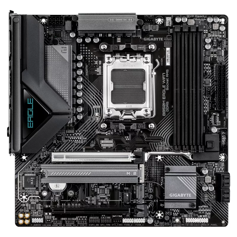 Motininė plokštė GIGABYTE B850M EAGLE WIFI7 — Micro ATX, lizdas AM5, AMD B850, DDR5 iki 8200 MHz (O.C.), 4 DIMM, PCIe 5.0, „Wi‑Fi 7“, 2,5 GbE