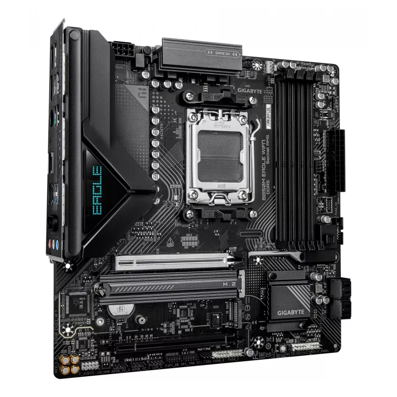 Motininė plokštė GIGABYTE B850M EAGLE WIFI7 — Micro ATX, lizdas AM5, AMD B850, DDR5 iki 8200 MHz (O.C.), 4 DIMM, PCIe 5.0, „Wi‑Fi 7“, 2,5 GbE