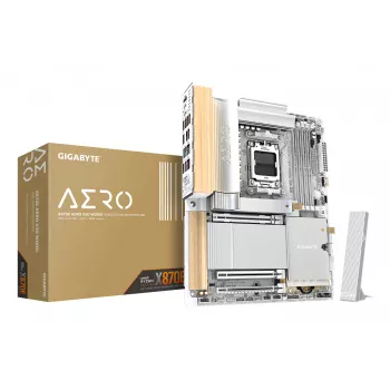 GIGABYTE X870E AERO X3D WOOD pagrindinė plokštė – palaiko AMD Ryzen 9000, 16+2+2 fazių VRM, DDR5 iki 9000Hz (OC), 2xPCIe 5.0 + 2xPCIe 4.0, Wi-Fi 7, 5GbE LAN, USB 4