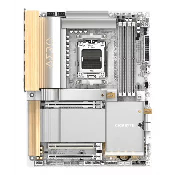 GIGABYTE X870E AERO X3D WOOD pagrindinė plokštė – palaiko AMD Ryzen 9000, 16+2+2 fazių VRM, DDR5 iki 9000Hz (OC), 2xPCIe 5.0 + 2xPCIe 4.0, Wi-Fi 7, 5GbE LAN, USB 4