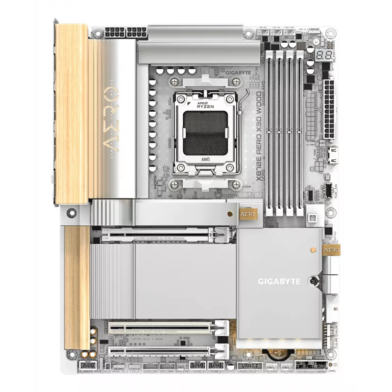 GIGABYTE X870E AERO X3D WOOD pagrindinė plokštė – palaiko AMD Ryzen 9000, 16+2+2 fazių VRM, DDR5 iki 9000Hz (OC), 2xPCIe 5.0 + 2xPCIe 4.0, Wi-Fi 7, 5GbE LAN, USB 4