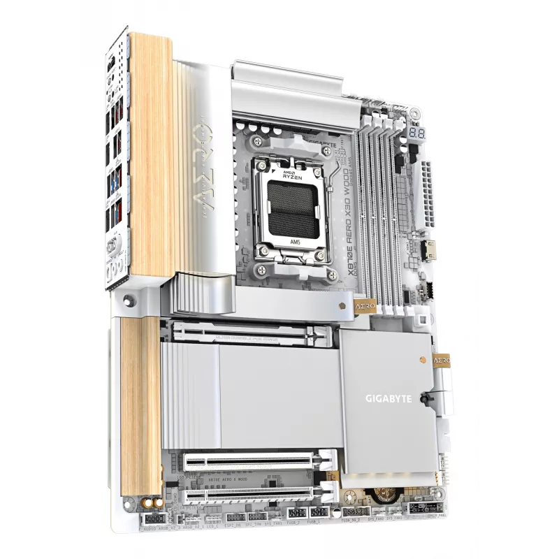 GIGABYTE X870E AERO X3D WOOD pagrindinė plokštė – palaiko AMD Ryzen 9000, 16+2+2 fazių VRM, DDR5 iki 9000Hz (OC), 2xPCIe 5.0 + 2xPCIe 4.0, Wi-Fi 7, 5GbE LAN, USB 4